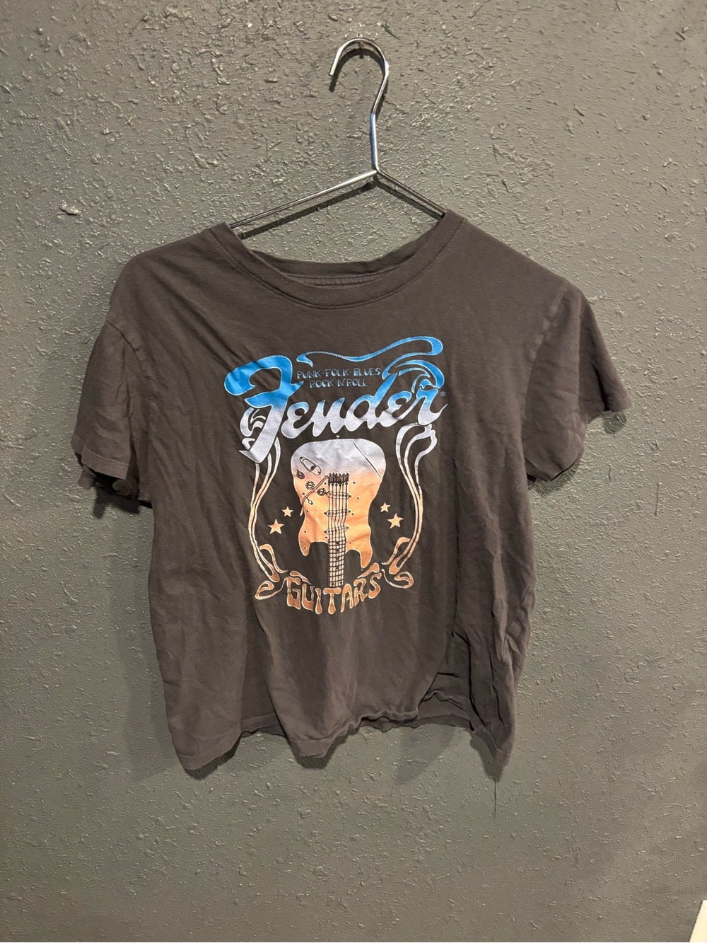 Fender Charcoal Tee with Blue and Orange Graphic